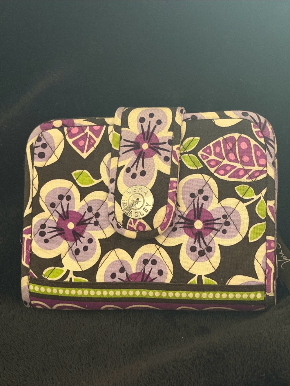 Vera Bradley, retired Plum Petals pattern, Folding Wallet, snap & zip, CC slots